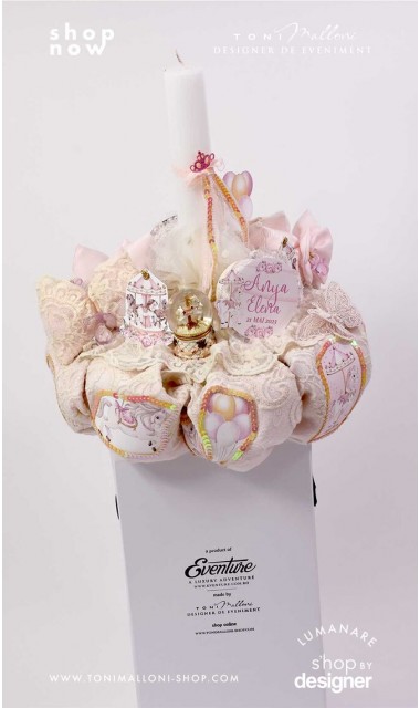 Lumanare botez personalizata cu dantela crem si glob cristal Ponei Carusel 4